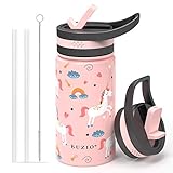 BUZIO Insulated Water Bottle for Kids, Modern Vacuum Insulated Hydro Bottle with 2 Straw Lids, 14oz Double Walled Wide Mouth Sports Drink Flask with Pink Unicorn Patterns, Simple Thermo Canteen Mug