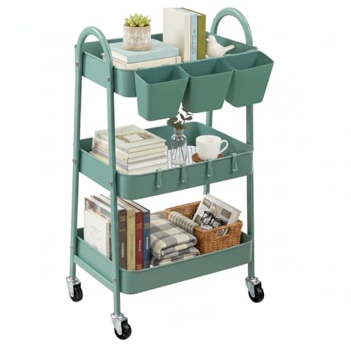 Image of danpinera 3-Tier Rolling Cart, Utility Cart Mobile Metal Rolling Storage Cart with Lockable Wheels & Hanging Cups & Hooks for Kitchen, Bathroom, Office, Workshop, Green