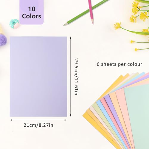 60 Blatt Tonkarton 10 Farben Bastelkarton A4 Bastelpapier Pastell Farbkarton zum Basteln Buntpapier Tonpapier für DIY Handwerk Projekte Origami Malen