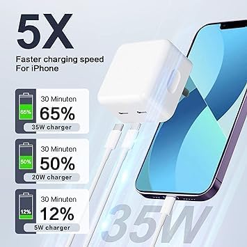 Image of Original 35W Power Adapter Charger Dual Port Adapter for iPhone 13 14 15 MFi Certified Dual USB C Power Adapter Charger Adapter with USB C to USB C & USB C to Mobile Charger (DEC119)