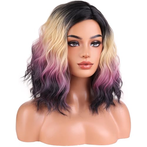 Image of BERON Blonde Purple and Black Wigs Short Curly Wavy Wigs for Girls Colorful Side Part Shoulder Length Heat Resistant Synthetic Wig Cosplay Costume Party Daily