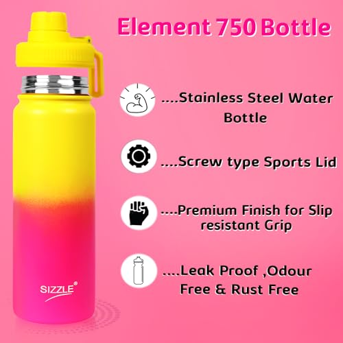 Image of Sizzle Element Stainless Steel Water Bottle 750 ML - Lightweight Leakproof Water Bottle with Powder Coating Finish - Dual Yellow-Pink Colour - For Kids & Adults