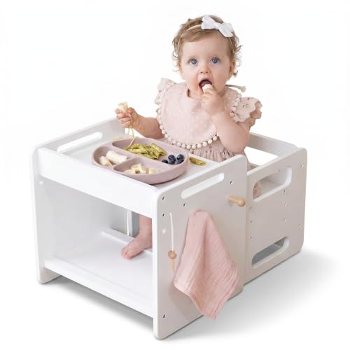 Image of Montessori Weaning Table and Chair Set, Adjustable Toddler Table, White | Adjustable Wooden Design for Meals, Learning, Play, and Everyday Routines