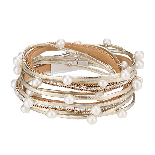 Vonru Leather Cuff Bracelets For Women - Charm Boho Handmade Braid Wrap Bracelets Wristbands Casual Braided Handmade Magnetic Bracelet Cuff Bangle (Gold Bead Wrap Bracelets) #TOP2