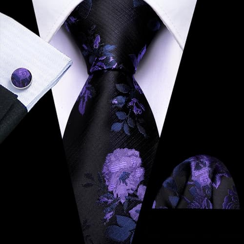 Image of Barry.Wang Flower Ties for Men Silk Woven Floral Tie Sets Necktie Handkerchief Cufflinks Wedding Party