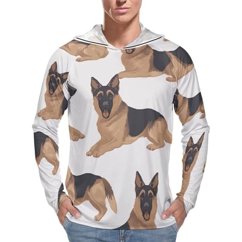Men's Sun Shirts UPF 50+ Rash Guard Long Sleeve Sun Protection Hoodie German Shepherd Lightweight Shirt L White