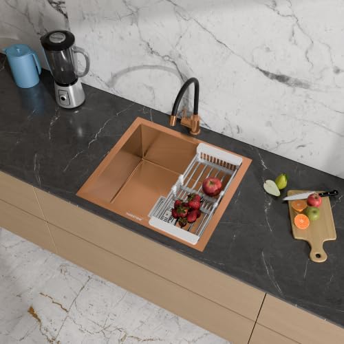 Image of HARDSTONE Premium Kitchen Sink | Single Bowl 16x18x9 Inch | Handmade Heavy Duty Stainless Steel Wash Basin with Matte Rose Gold Finish | Includes Waste Hose Pipe, Coupling & Drying Rack | Rose Gold