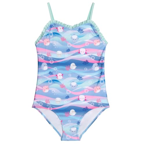 Squishmallows Little Girls Ruffled One Piece Bathing Suit UPF 50+ Blue/Pink Turquoise 7-8