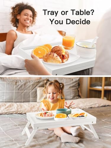 Image of Bamboo Bed Tray for Breakfast, Snack Table with Folding Legs for Eating, Sofa, Couch, Working by Pipishell (White)