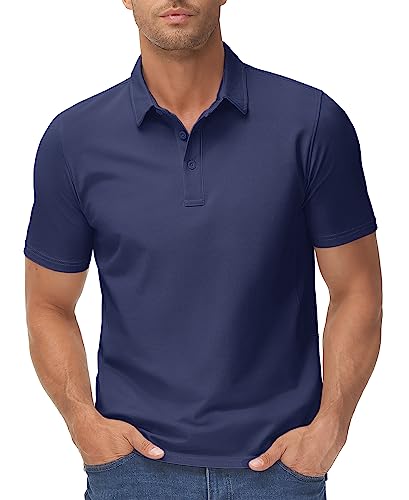 TACVASEN Mens Work Polo Shirts Cotton Golf Polo Tops Casual Breathable Tennis T-Shirt Short Sleeve Walking Polo Shirt,Navy Blue,S