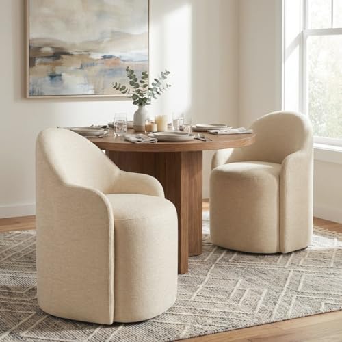 Image of KISLOT Upholstered Dining Chairs with Casters, No Assembly Modern Dining Room Chairs Accent Vanity Chair with 5 Wheels & Round Backrest for Bedroom, Living Room, Dressing, Sand Fabric, Set of 2