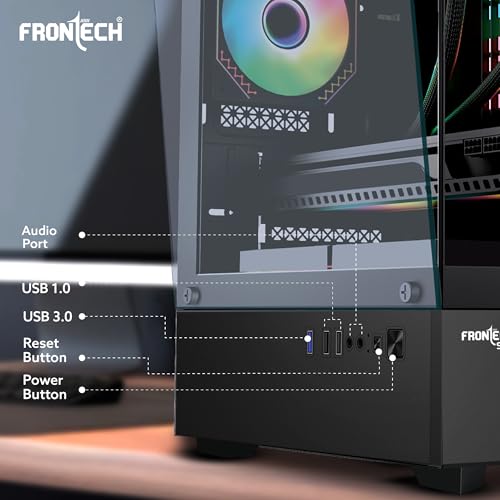 Image of Frontech Sting Gaming Cabinet | Mid-Tower PC Case | ATX & m-ATX Support | Tempered Glass Front & Side Panel | 3 Pre-Installed 120mm RGB Fans | USB 3.0 I /O | Bottom PSU Mount (FT-4348)