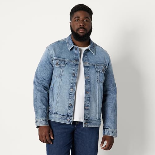 Image of Amazon Essentials Men's Heavyweight Low Stretch Regular-Fit Denim Jacket with Chest Patch Pockets, Shank Buttons, Adjustable Side Tabs