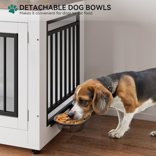 YITAHOME 28" Dog Crate Furniture, Wooden Side End Table with Adjustable Feet and Removable Bowls, Dog Kennel Indoor for Small Dogs - Image 3