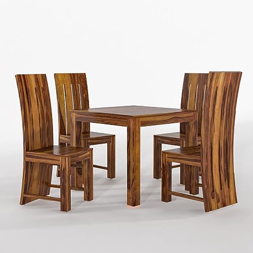 Image of Douceur Furnitures Solid Sheesham Wood 4 Seater Dining Table Set with Cushioned Chairs for Dining Room | Living Room | Home & Office | Hotels Restaurant & Cafe (Natural Brown Finish)