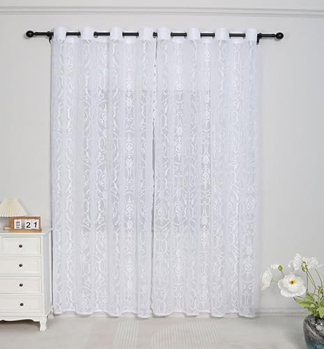 Homxi Cortinas Semitranslucidas Cocina 2 Paneles,2 x 140W x 240H CM,Cortina Patrón de Florales Encaje Bordado Blanco Cortina Comedor Ojales