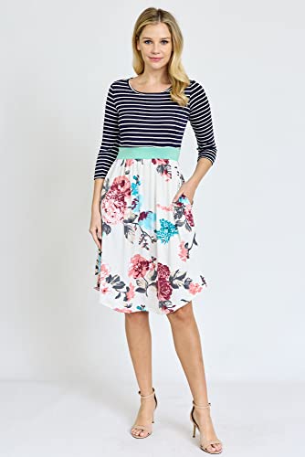 Image of Eloges Women's 3 /4 Sleeve Contrast Waist Band Floral Curved Hem Midi Dress
