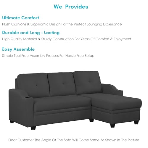 Image of Casaliving Ravonna RHS 4 Seater L Shape Corner Sofa Cum Bed for Living Room (Black Fabric) Premium Fabric Sofa