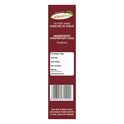 Image of Wheafree Gluten Free Sorghum Sooji (Pack of 2 x 400g Each) | Rich in Vitamins, Iron, Minerals & Micronutrients | Rich in Fiber and Protein | Diabetic Friendly