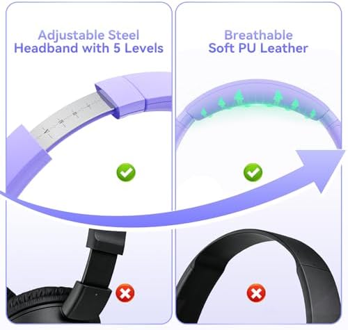 KVIDIO Wired Headphones with Mic, Volume & Playback Control, Over-Ear Foldable Headphones, 3.5mm Plug, 90° Swivel Ear Cups, 4.9ft Tangle-Free Cord for Tablet, Laptop, PC, School, Travel (Purple) - 5