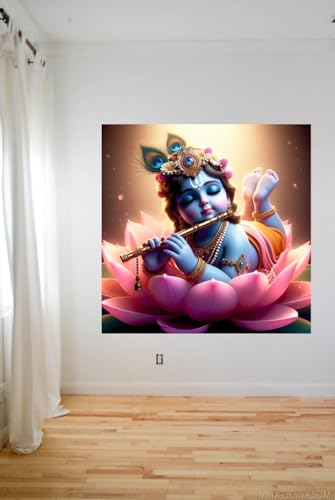 Image of Techgifti Little Baby Krishna In Pink Lotus Flower God Wall Poster For Pooja Room,Living Room,Office (Size - 45Cm X 45Cm)