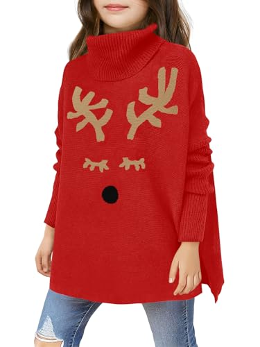 Image of Haloumoning Girls Christmas Sweater Kids Oversized Turtleneck Cute Reindeer Sweaters with Side Slit