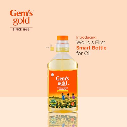 Image of Gem's Gold physically refined sunflower Cold Pressed Cooking Oil 1 Litre | Smart Bottle | Chemical Free, Kacchi Ghani, Chekku | Physically Refined Sunflower Oil