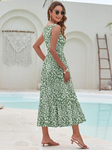 Image of AUSELILY Womens Summer Maxi Dress Casual Sleeveless V Neck Floral Dresses | A line shape with practical side pockets, Vacation dress for resort walks, Pair with low heels and simple jewelry