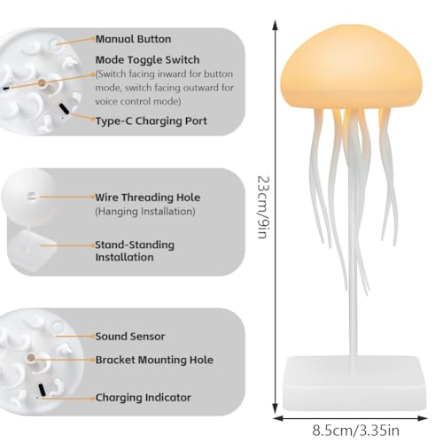 Adiwo Jellyfish Lamp Jellyfish Night Light Sound Sensor, LED Jellyfish Atmosphere Light Fullcolor Gradient - Image 2