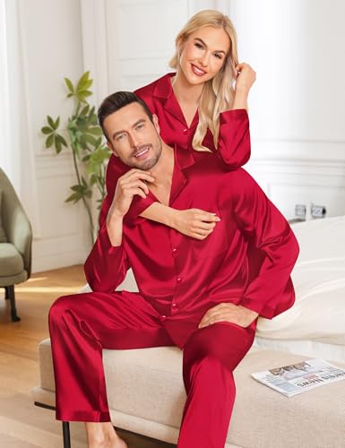 SWOMOG Men Pajamas Matching Pajamas Set Silk Satin Women Pj Set Long Sleeve Button Down Sleepwear 2 Pcs Loungewear Red Large2