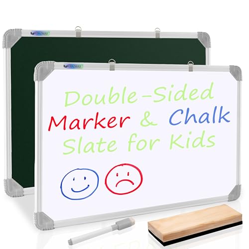 Image of Eduway Non Magnetic 2 in 1 Learn N Write 1x2 Feet Slate for Kids | Double Sided Front for Chalk & Reverse Dry Erase Marker Board with PVC Corners | Learning for Kids (29x59 Cms),(Green, White)