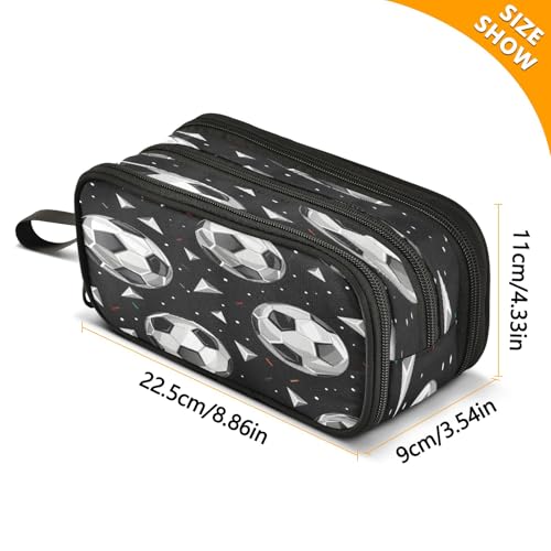Image of Futuristic Soccer Elements Pattern Pencil Case 3 Compartment Pen Bag Pouch Holder Box School Portable Stationery Storage Bag for Girls Boys
