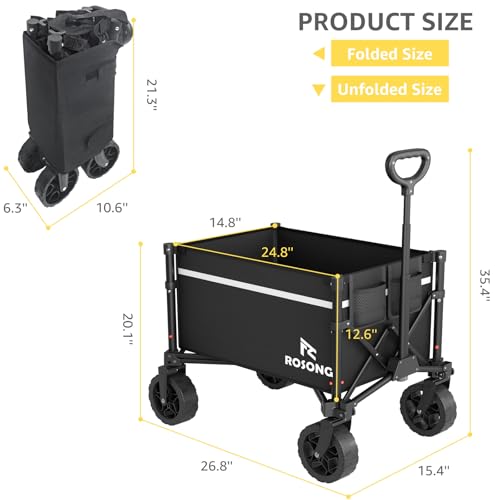 Image of ROSONG Collapsible Wagon Cart with Wheels Foldable - Folding Utility Heavy Duty Wagons Carts for Grocery Sports Garden Shopping Camping Wheelbarrows (Black, 90L)