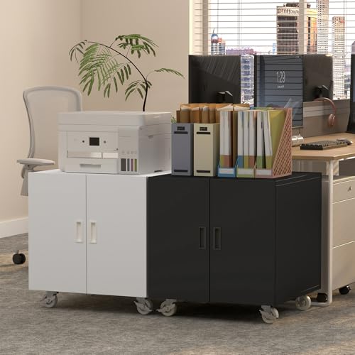 Image of Metal Printer Stand, Rolling Table for Printers, Large Printers Table with Storage, Office Printer Stand for Copier, Fax, Heavy Duty Stands with Shelf for School, Workplace, White