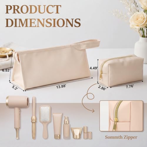 Paterr 2 Pcs PU Leather Hair Tools Travel Bag and Small Makeup Pouch Set Portable Organizer for Curling Iron, Flat Iron, Hair Dryer & Cosmetics Portable Organizer with Handle(Beige) - Image 3