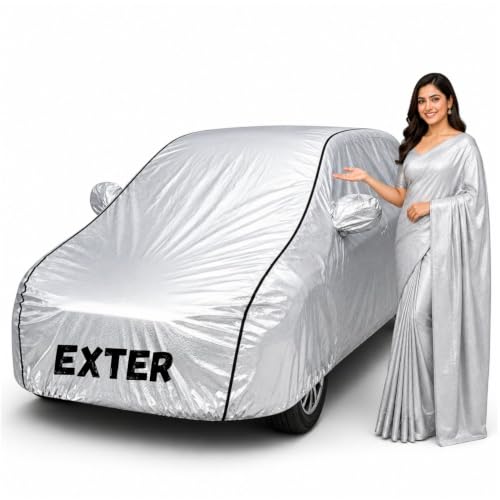 Image of Waterproof Car Body Cover for Exter All Weather Protection Comes with Inner Cotton Lining & Triple Stitched with Mirror & Antenna Pocket Belt & Elastic Fit Metallic Silver with Black Piping
