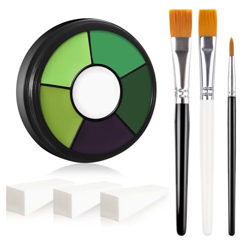 BOBISUKA Green Cream Face & Body Paint Palette Kit with 3 Brushes 3 Sponges Highly Pigmented Easy to Blend Long Lasting Halloween Makeup for Witch Beetle-Juice Frankenstein Goblin Hunting Camo