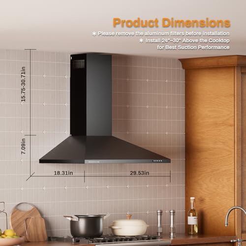 Image of 30 Inch Wall Mount Range Hood Stainless Steel Ducted /Ductless Convertible Kitchen Exhaust Hood with 450 CFM Motor, 3 Speed Fan, LED Lighting and Dishwasher Safe Filters