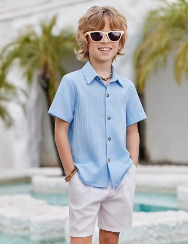 Image of Arshiner Boys Casual Short Sleeve Button Down Shirt Fashion Textured Summer Beach Shirt 3-13 Years Old