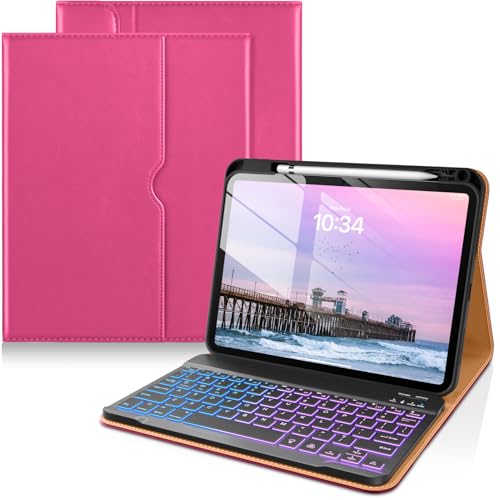 Image of DTTO for iPad 11th (A16) / 10th Generation Case with Keyboard (2025 /2022), 7 Colors Backlit Wireless Detachable Keyboard Leather Folio Cover with Pencil Holder & Pocket, Rose Red