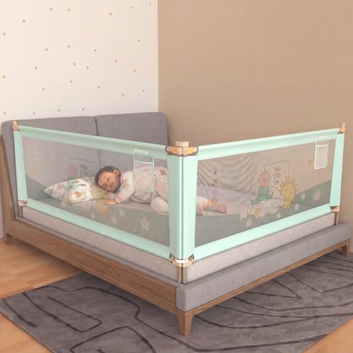 Image of Cherilo Bed Rail Guard for Baby Safety | (6.5ft x 6ft / 200cm x 180cm), 2 Side | Foldable & Height Adjustable | Breathable Mesh, Kids-Friendly Prints | Sea Green (Pack of 2)