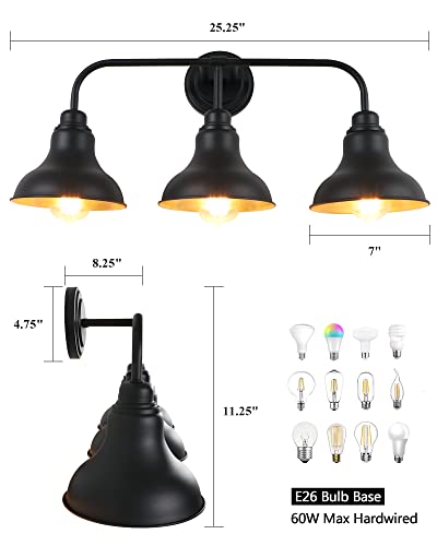 Image of 25.2-Inch 3-Light Farmhouse Vanity Light Over Mirror, Matte Black | Rustic industrial style, metal frame, 3 E26 sockets, 60W max, dimmable, no bulbs, wall sconce for bathroom mirror, bedroom