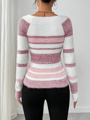 Women's Off Shoulder Striped Knit Scoop Neck Sweater Color Block Pullover Long Sleeve Cute Trendy Cozy Sweaters2