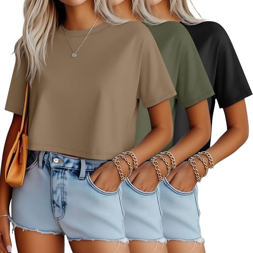 Ficerd 3 Pack Women Crop Tops Half Sleeve Cropped T Shirts Casual Crew Neck Drop Shoulder Loose Summer Solid Color