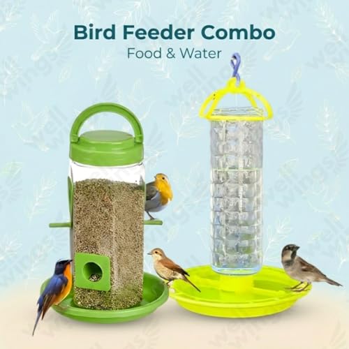 Image of Bird Feeder and Waterer Set with Hanging Brackets - 2-in-1 Wild Bird Feeding Station for Outdoors - Weatherproof Seed Dispenser & Hydration Kit for Garden, Patio & Balcony (Combo)