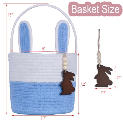Image of Easter Basket, Empty Easter Baskets for Kids Boys Girls with Bunny Tag Egg Basket Eater Gifts Basket Toddler Teens Babys First Easter Basket with Handle Blue White