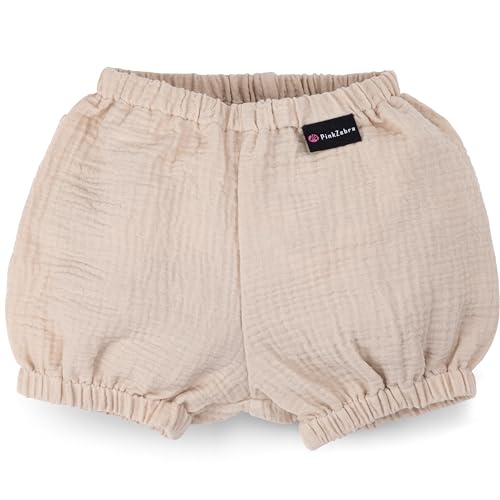 PinkZebra Bloomers aus Musselin, Pumphose Baby Jungen von 3-10 Monate, Babykleidung, Shorts atmungsaktiv aus 100% Baumwolle, Kurzhose mit Gummizug, Beige
