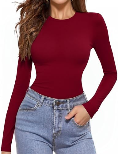 Aottori Camiseta Cuello Redondo Mujer Manga Larga Básica Tops Elástica Ajustada Ligera Ropa Interior Térmica Suave Cálida para Otoño Invierno Primavera Vino Tinto XS
