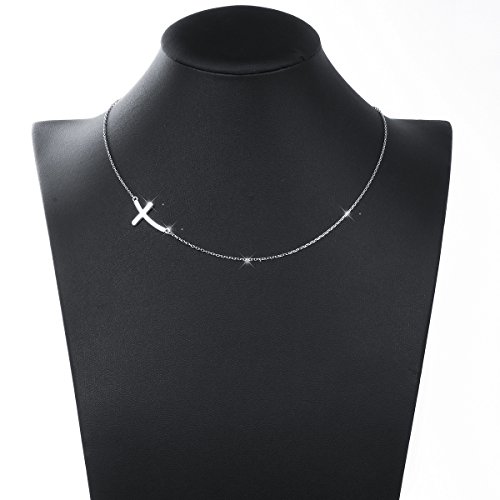 Image of Ladytree 925 Sterling Silver Concise Sideways Cross Pendant Necklace Choker for Women Christian Jewelry