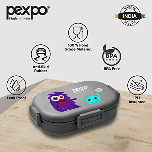 Image of Go24 pexpo Tango Monster(Purple) Print Stainless Steel Insulated Tiffin Box for Kids (650ml) and Small Container (150ml) with Spoon - Grey| | Anti-Skid Rubber Base|Kids Lunch Box for School, Picnic